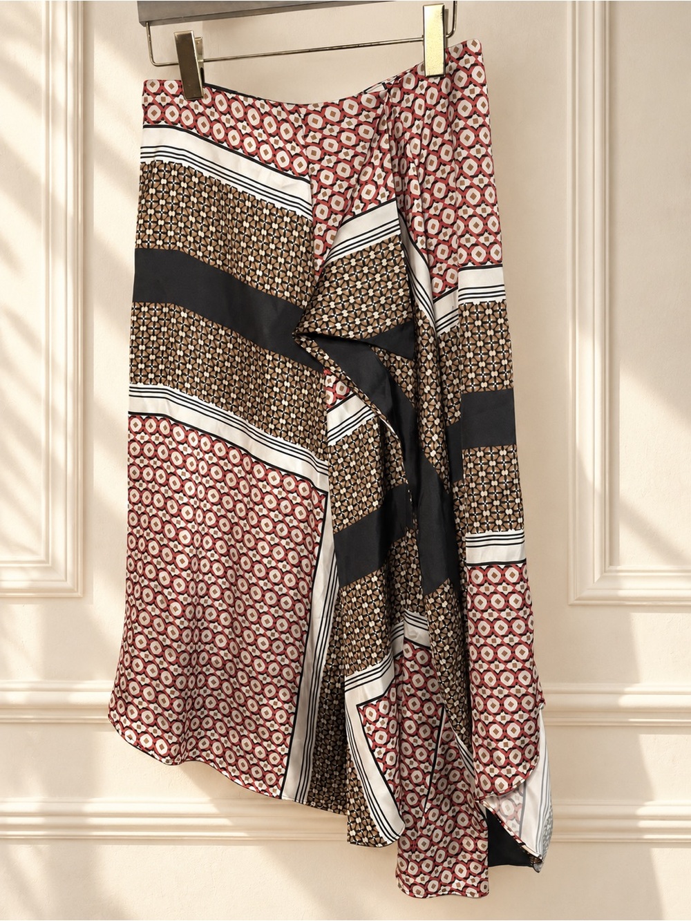 H&M Asymmetric Satin Midi Skirt 6 Scarf Print Draped Front NWT